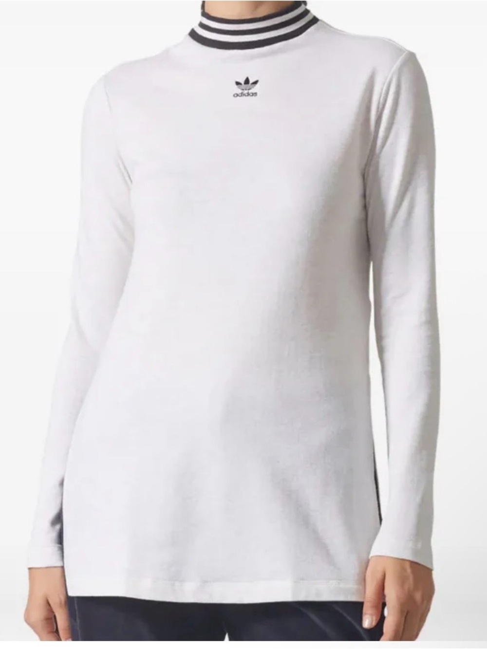 adidas White Long-Sleeve Mock Neck Top with Black Stripe Detail